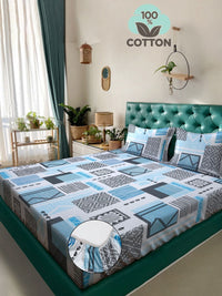 KLOTTHE Blue Geometric Printed Pure Cotton Dipasang Cadar & Sarung Bantal Double King