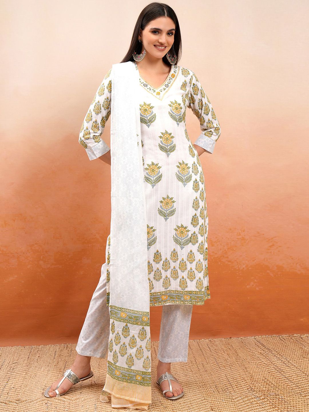 Vishudh Floral Printed V-Neck Pure Cotton Kurta with Trousers & Dupatta