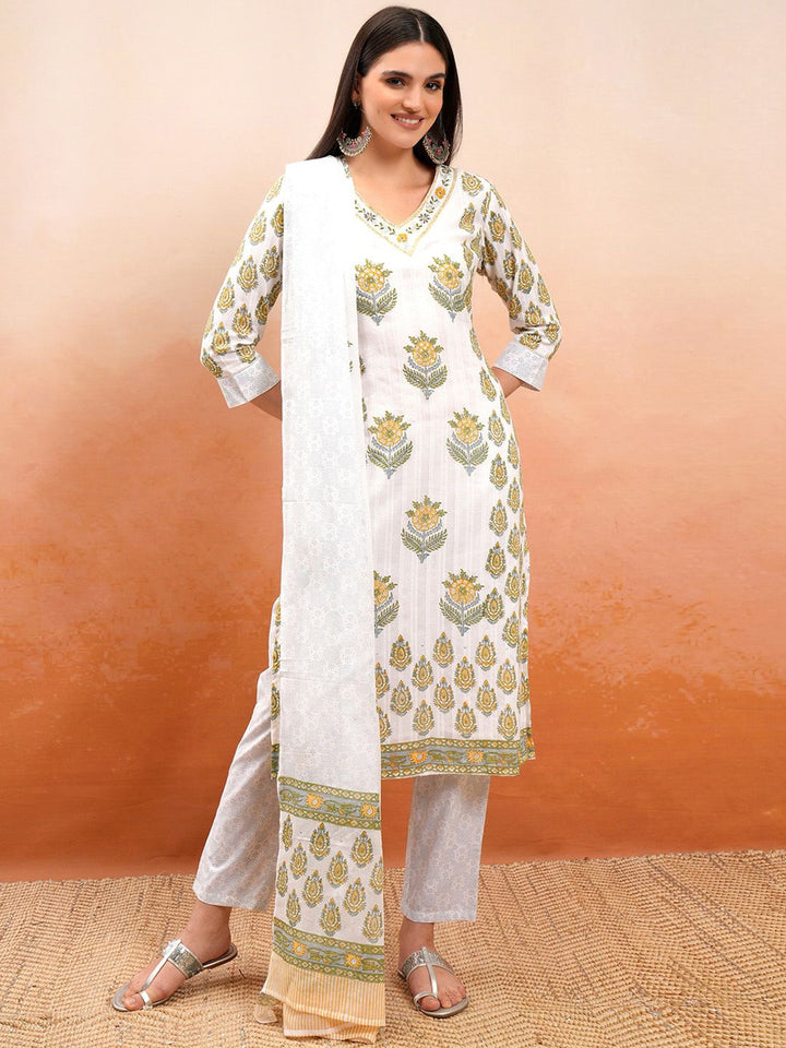 Vishudh Floral Printed V-Neck Pure Cotton Kurta with Trousers & Dupatta