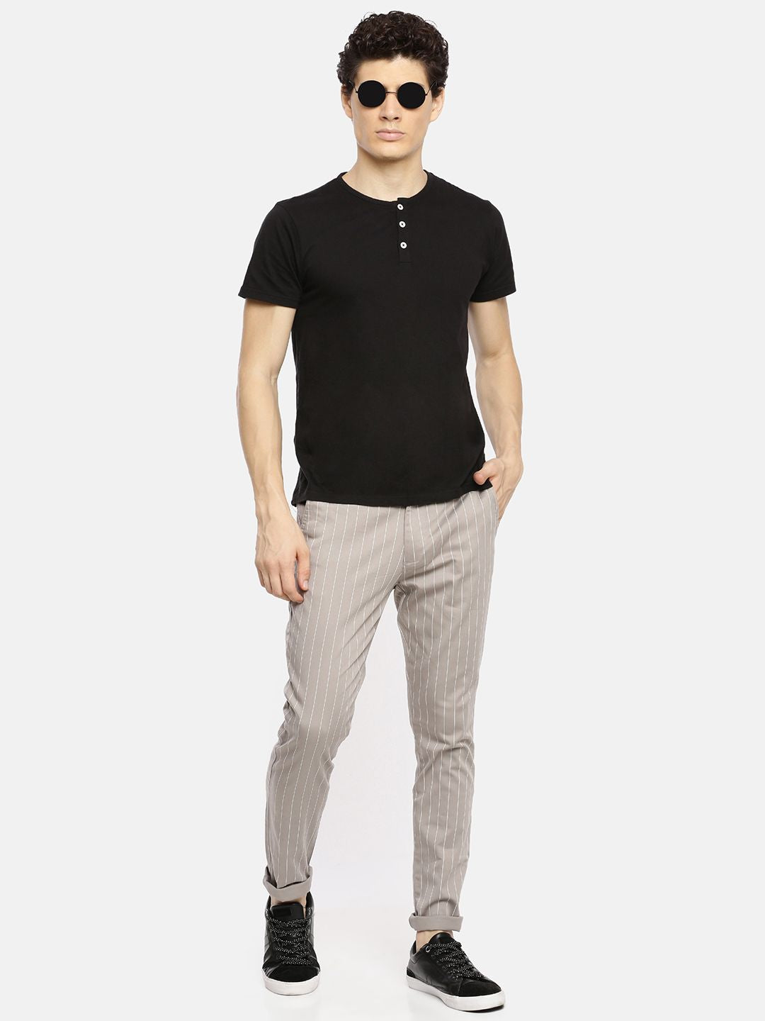 The Indian Garage Co Men Taupe Slim Fit Striped Regular Trousers