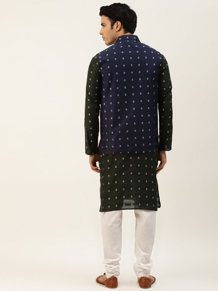 SOJANYA Men Navy Self Design Kurta with Churidar & Nehru Jacket