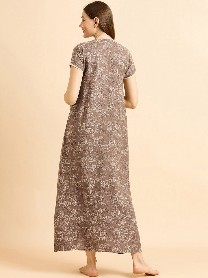 Sweet Dreams Brown Ethnic Motifs Printed Pure Cotton Maxi Nightdress