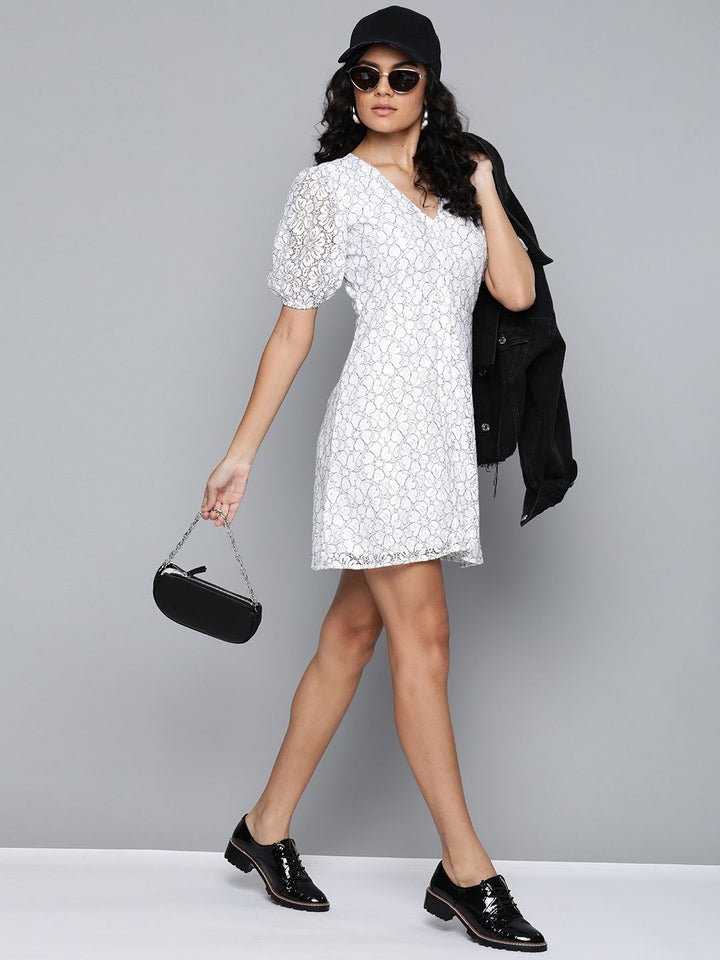 SASSAFRAS Women White & Black Floral Lace A-Line Dress
