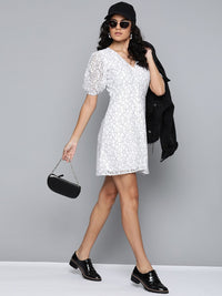 SASSAFRAS Women White & Black Floral Lace A-Line Dress
