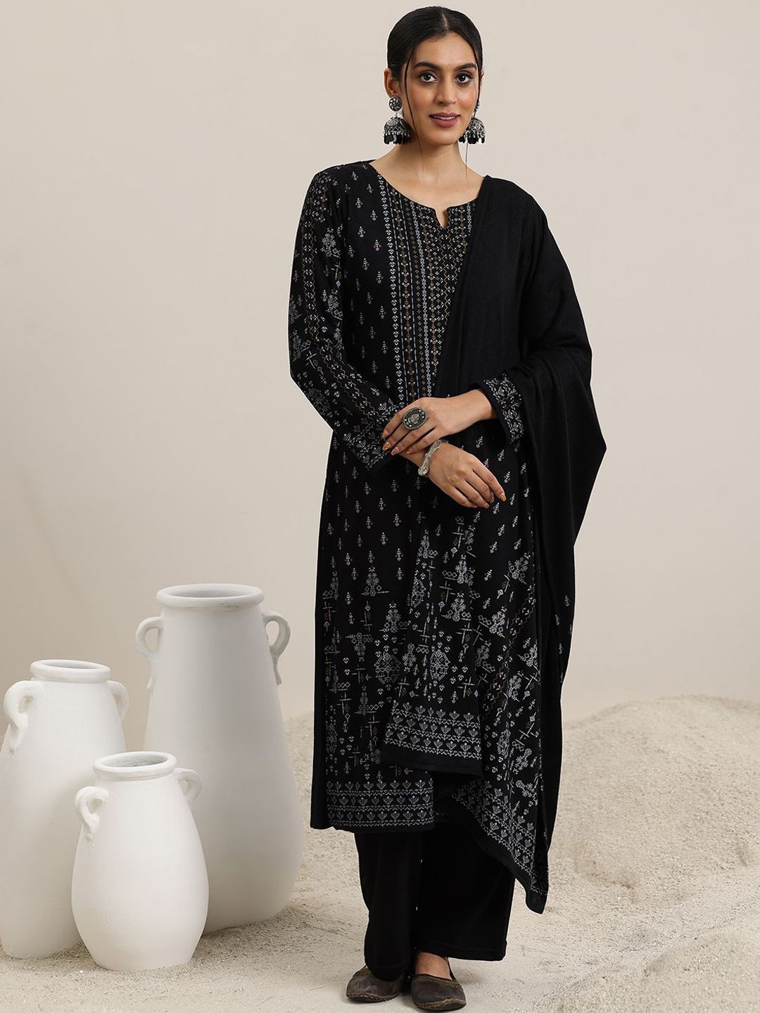 Libas Black Ethnic Motifs Woven Design Notch Neck Straight Kurta with Trousers & Dupatta