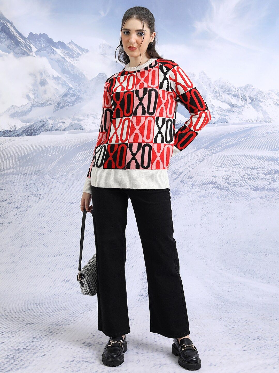 Tokyo Talkies White Self Design Acrylic Pullover Sweater