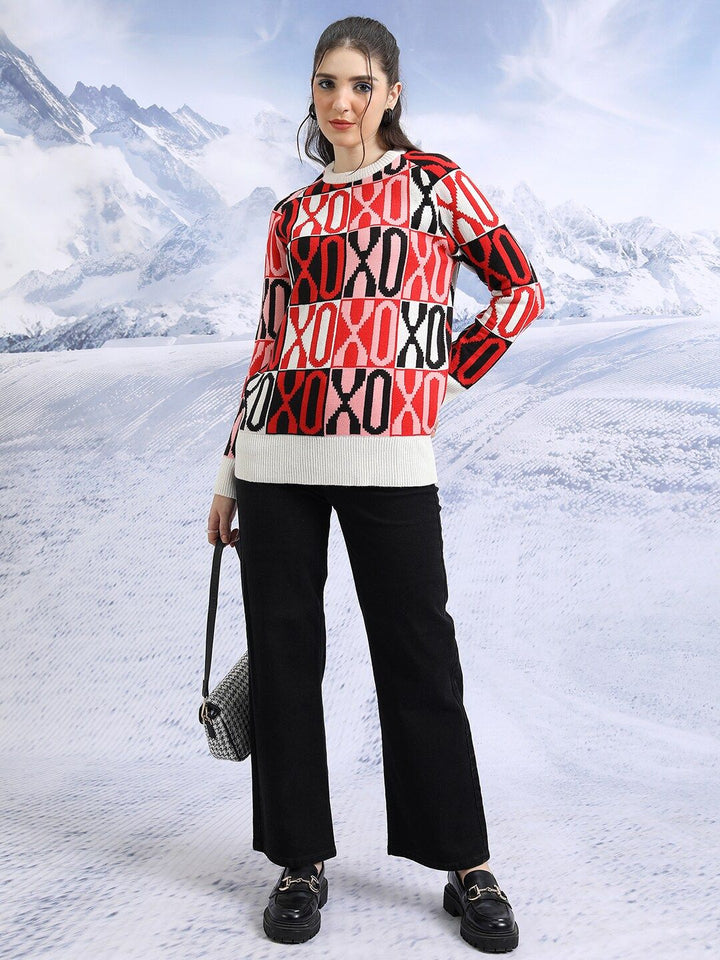 Tokyo Talkies White Self Design Acrylic Pullover Sweater