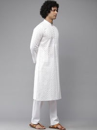 See Designs Men White Geometric Embroidered Chikankari Pure Cotton Kurta