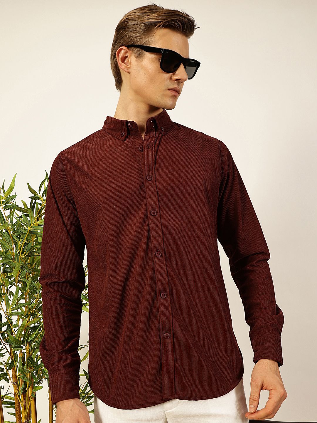 Thomas Scott Men Premium Textured Corduroy Slim Fit Button-Down Collar Casual Shirt