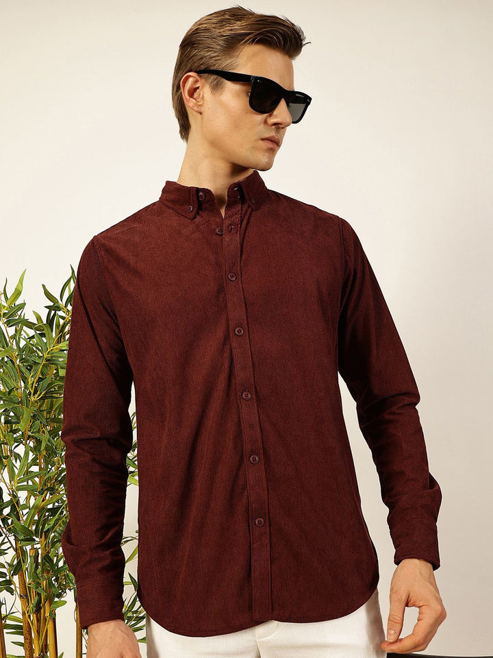 Thomas Scott Men Premium Textured Corduroy Slim Fit Button-Down Collar Casual Shirt