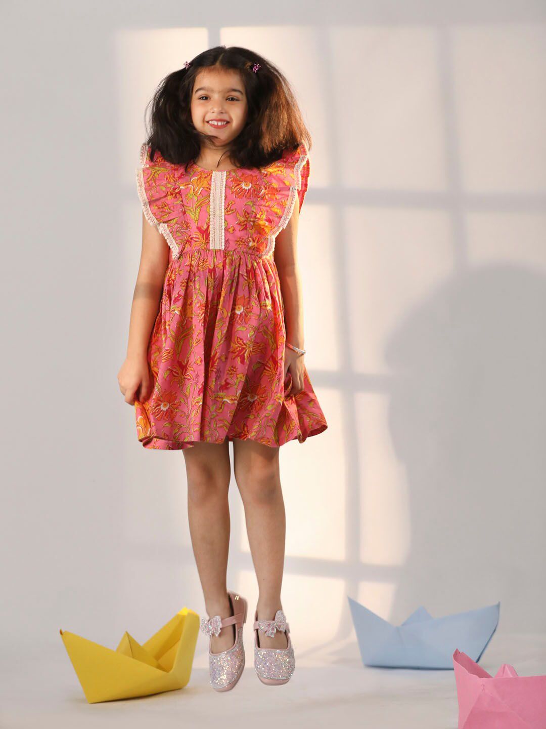 VASTRAMAY Girls Floral Printed Sleeveless Ruffles Detail Cotton Fit and Flare Dress