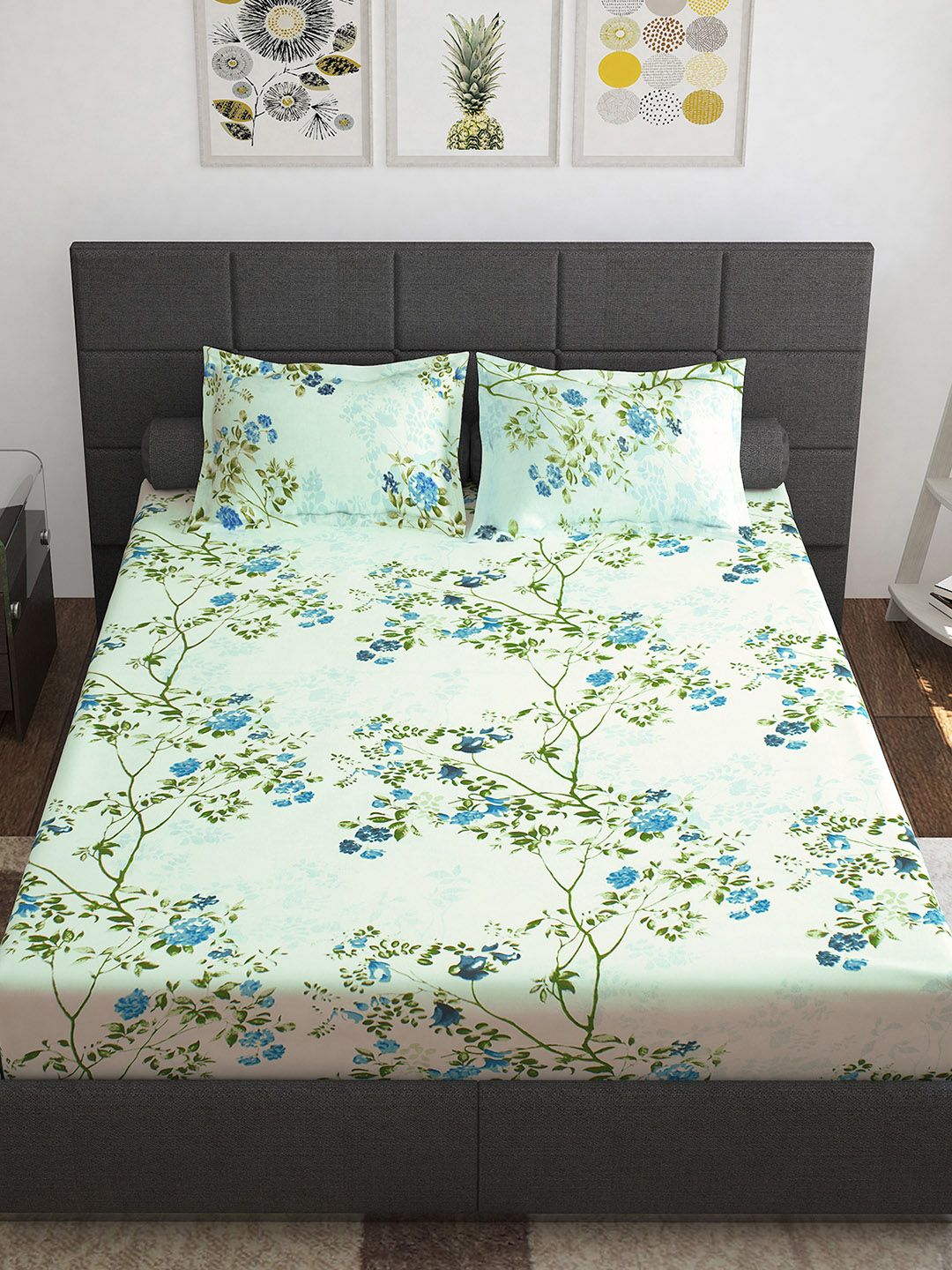 Story@home Ventura Blue Green Floral Printed 144 TC Queen Bedsheet With 2 Pillow Covers