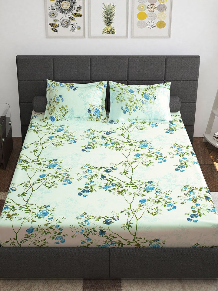 Story@home Ventura Blue Green Floral Printed 144 TC Queen Bedsheet With 2 Pillow Covers