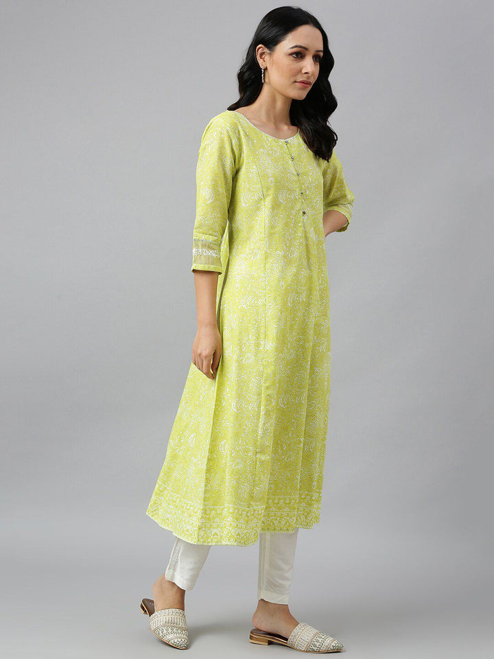 W Women Yellow Floral Printed Anarkali Kurta