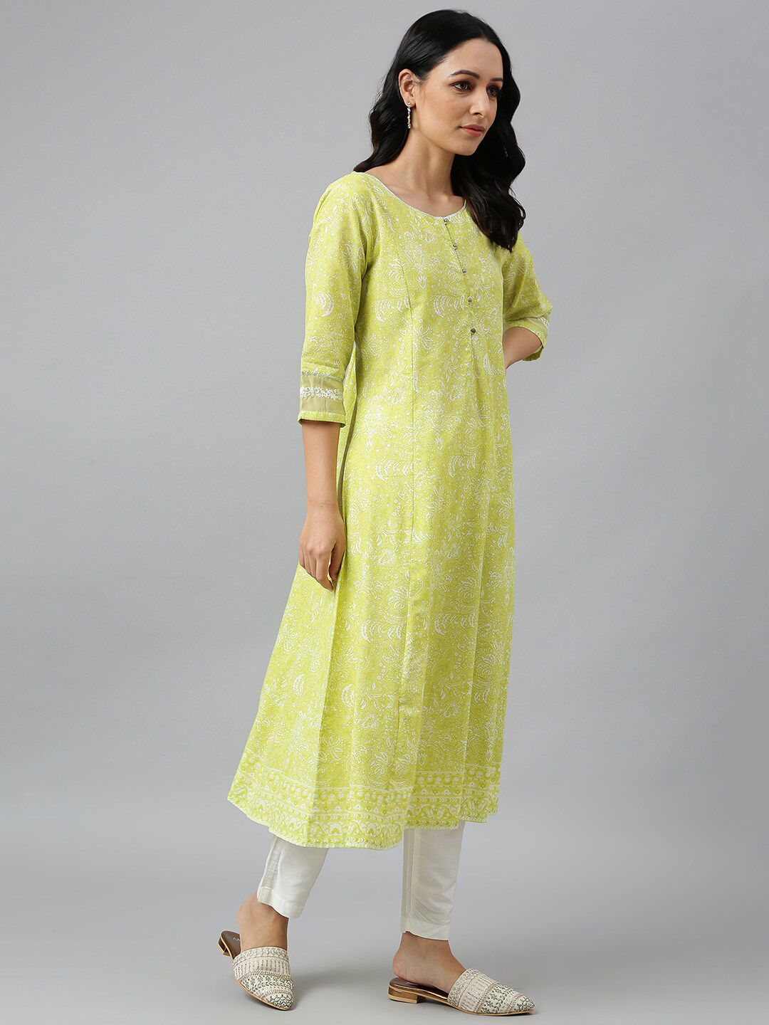 W Women Yellow Floral Printed Anarkali Kurta