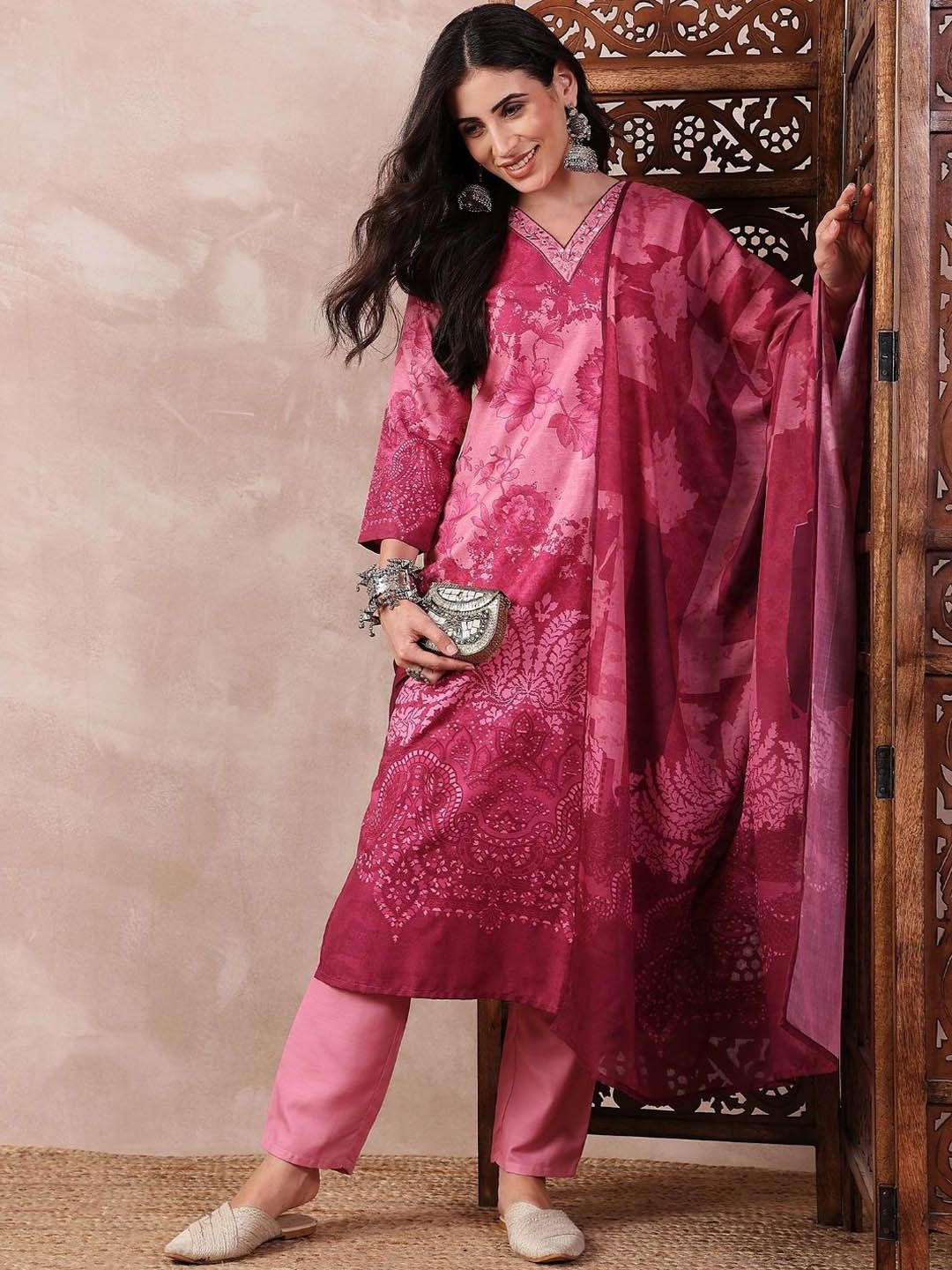 KALINI Floral Printed Thread Work V-Neck Straight Kurta With Trouser And Dupatta