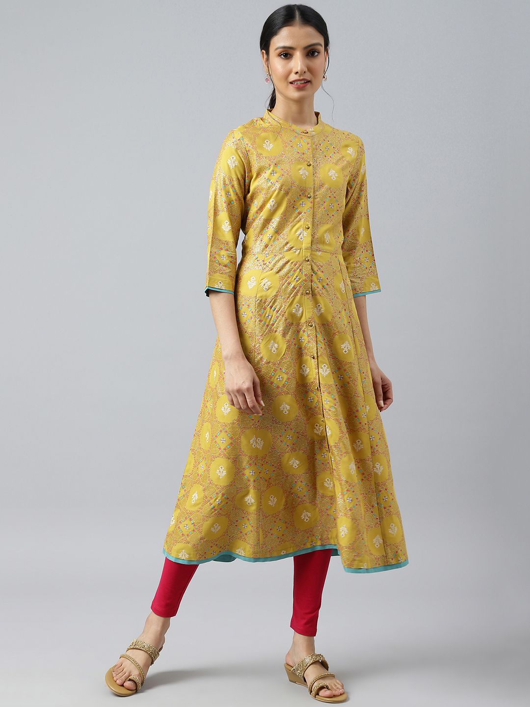 W Yellow Ethnic Motifs Printed Mandarin Collar Panelled A-Line Kurta