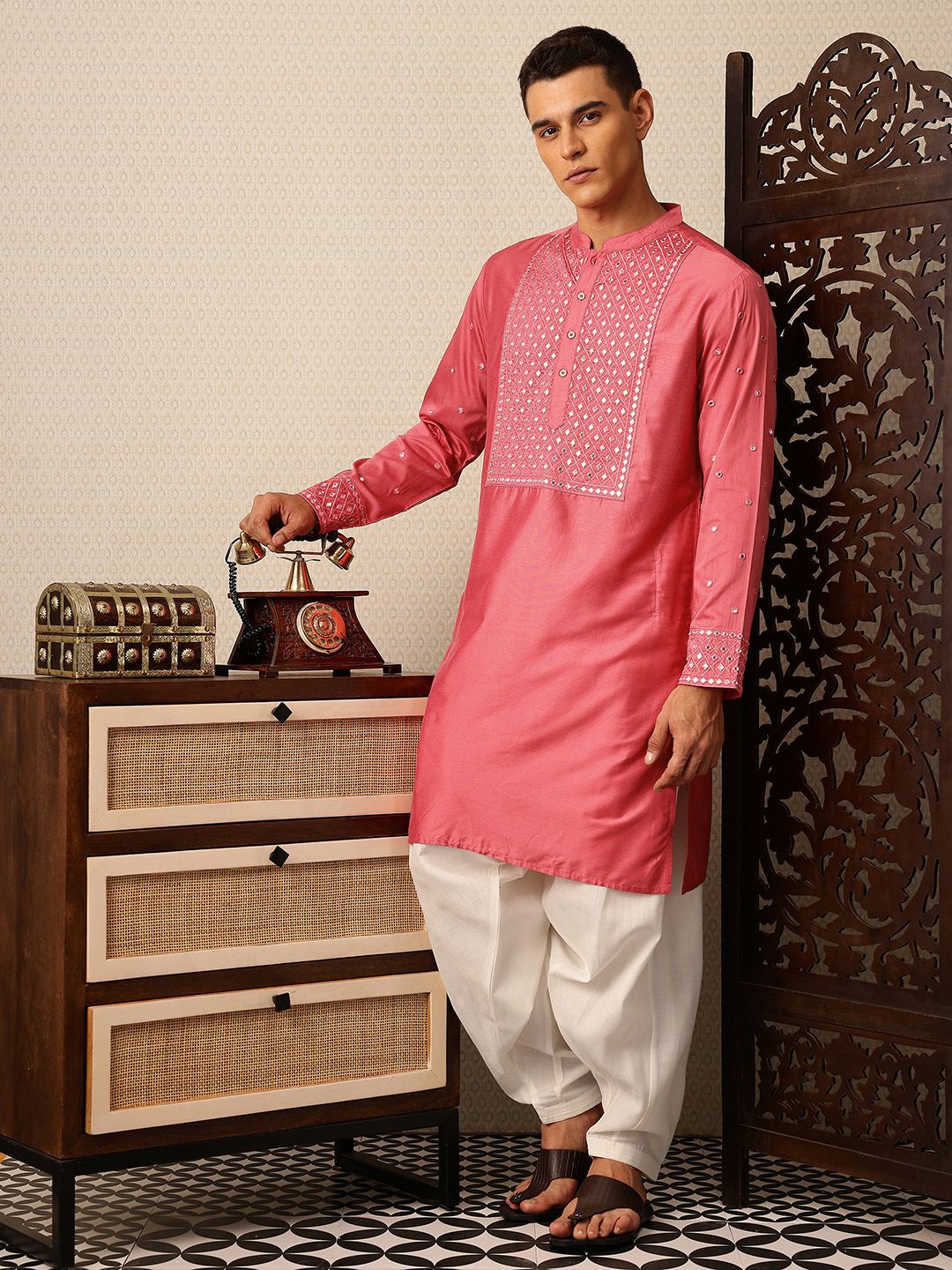House of Pataudi Embroidered Mandarin Collar Mirror Work Jashn Kurta with Salwar
