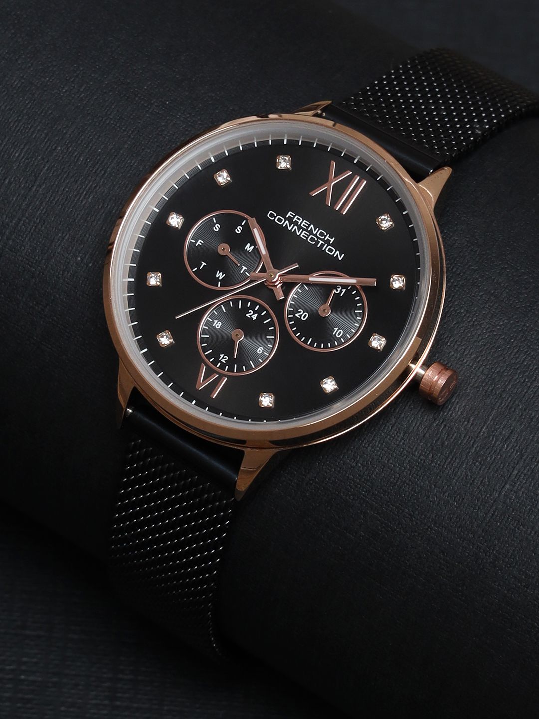 French Connection Women Embellished Dial & Stainless Steel Bracelet Style Straps Analogue Multi Function Watch