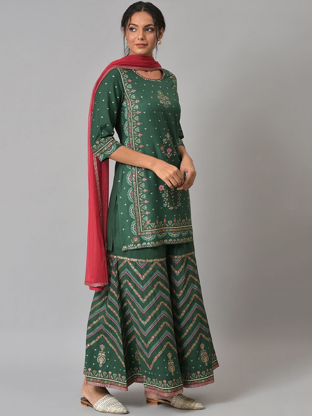 W Women Floral Printed Kurta with Sharara & With Dupatta