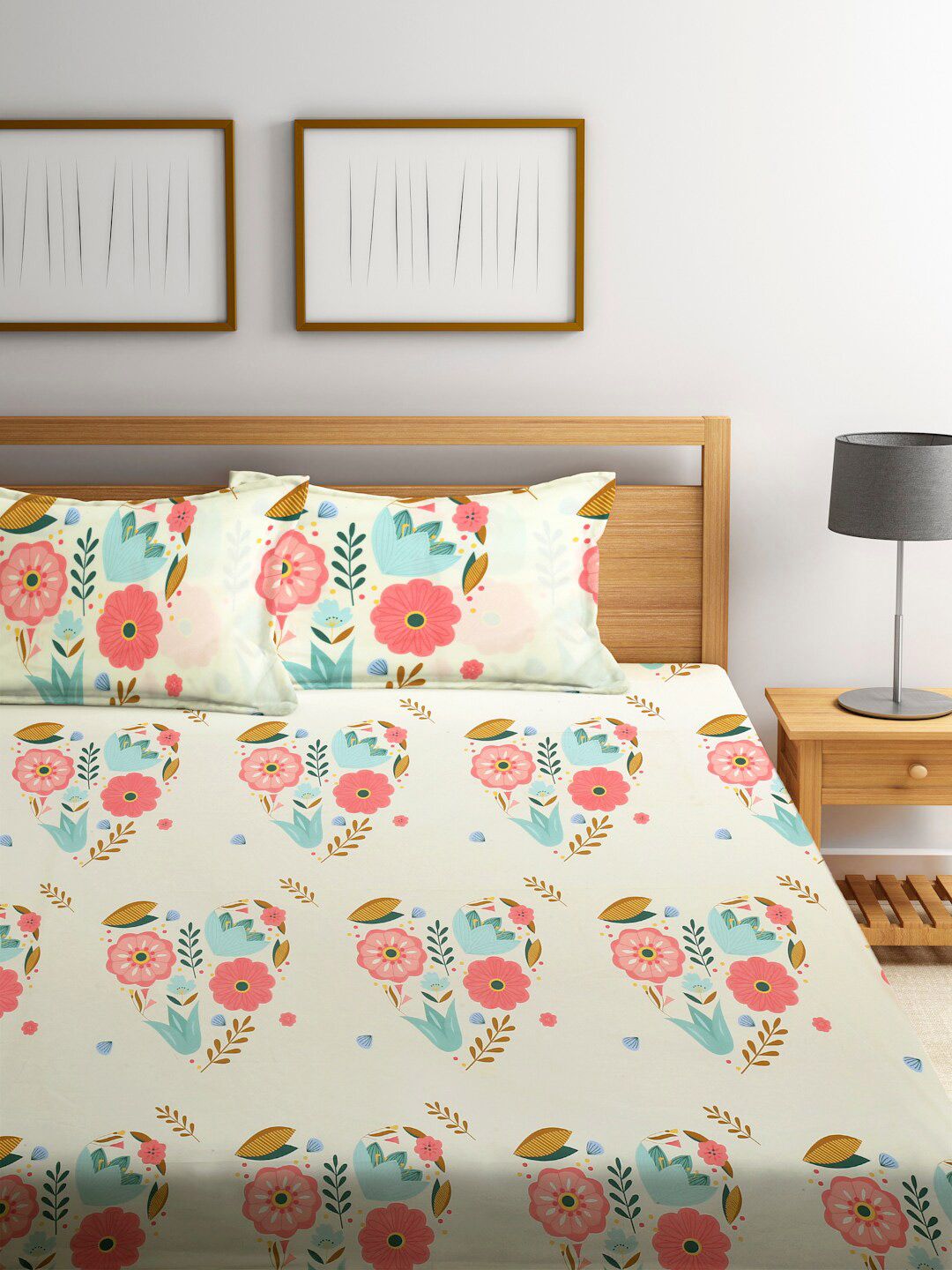 KLOTTHE White & Pink Floral 300 TC King Bedsheet with 2 Pillow Covers