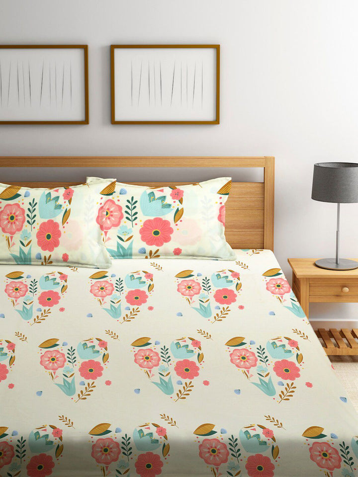 KLOTTHE White & Pink Floral 300 TC King Bedsheet with 2 Pillow Covers