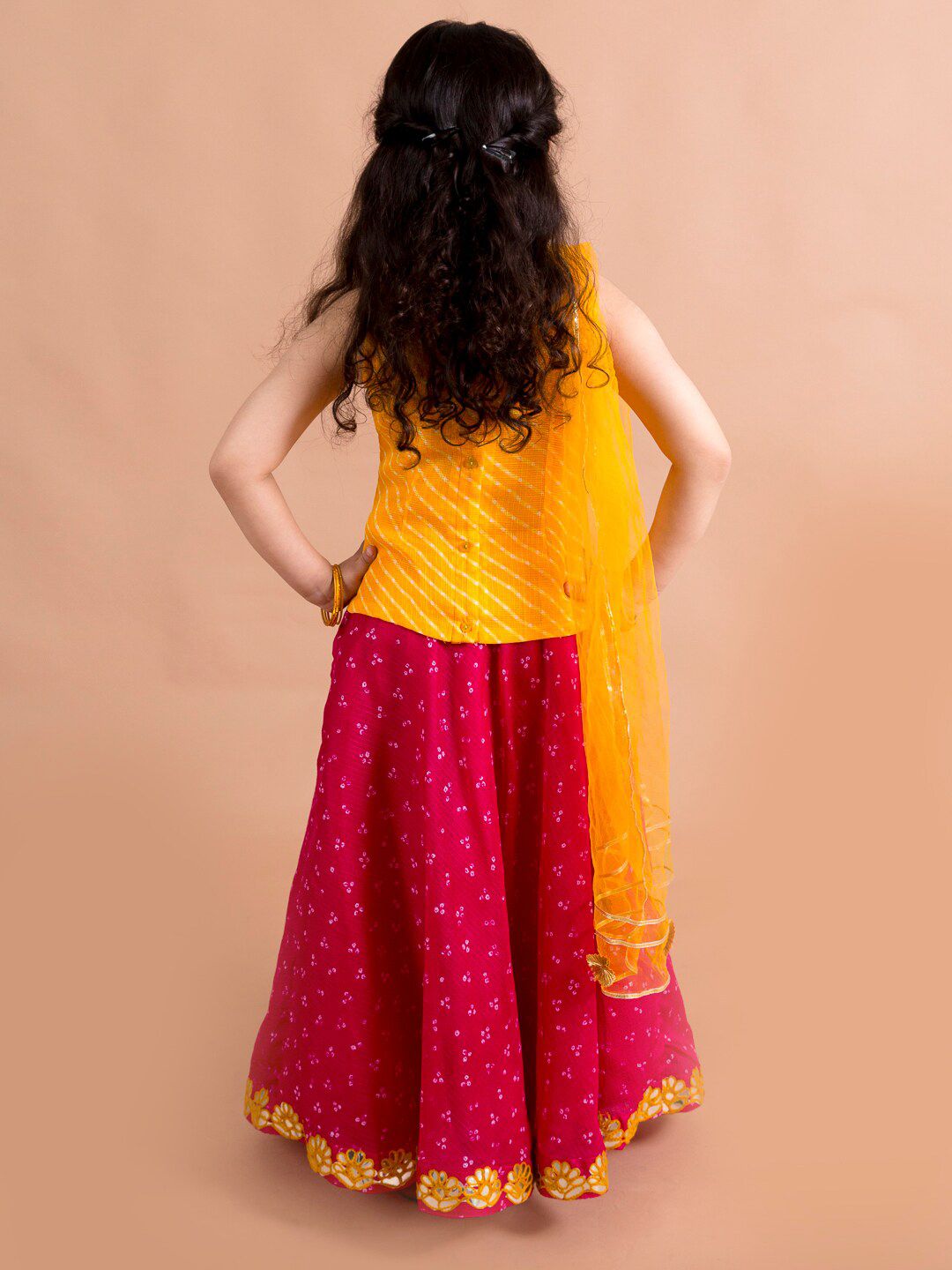 pspeaches Girls Magenta & Yellow Embroidered Ready to Wear Lehenga & Blouse With Dupatta