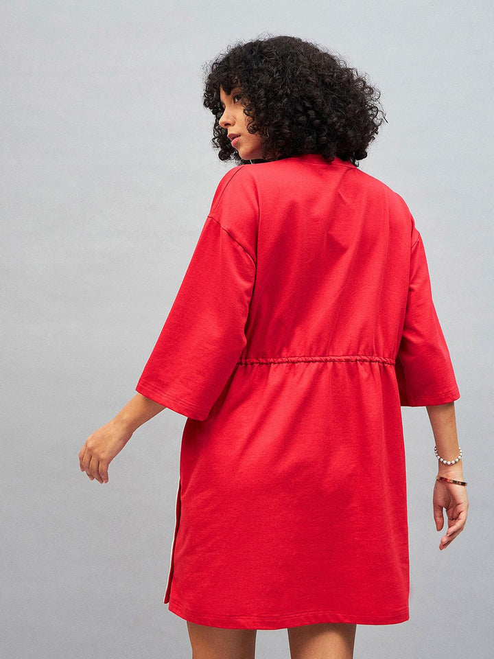 SASSAFRAS Red Knitted Hope Typography Printed Cotton T-shirt Mini Dress