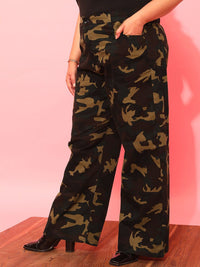 CURVY STREET Women Plus Size Olive Green Printed Relaxed Straight Leg Pure Cotton Trousers