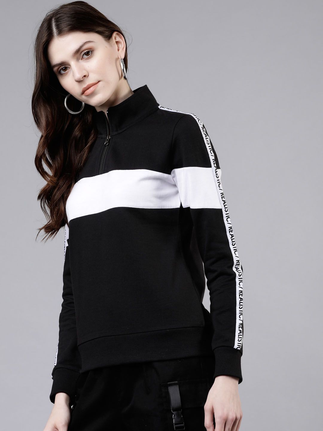 Tokyo Talkies Women Black & White Colourblocked Pullover Sweatshirt