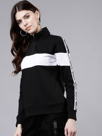 Tokyo Talkies Women Black & White Colourblocked Pullover Sweatshirt