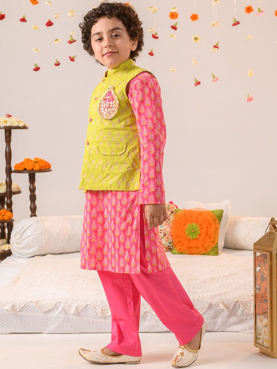 pspeaches Boys Ethnic Motifs Printed Pure Cotton Kurta With Pyjamas And Nehru Jacket