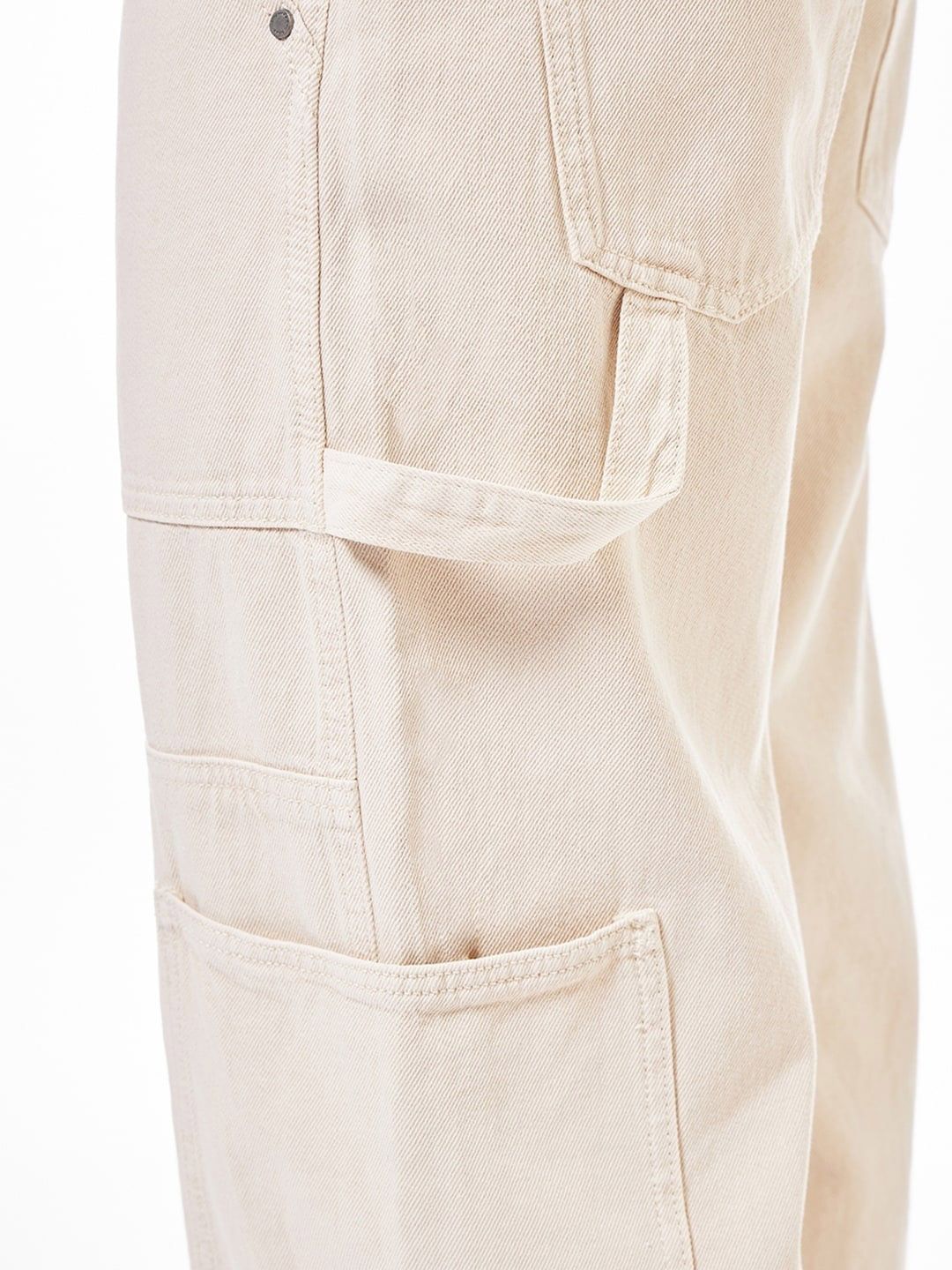 Bewakoof Men's Beige Baggy Cargo Carpenter Mid-Rise Jeans