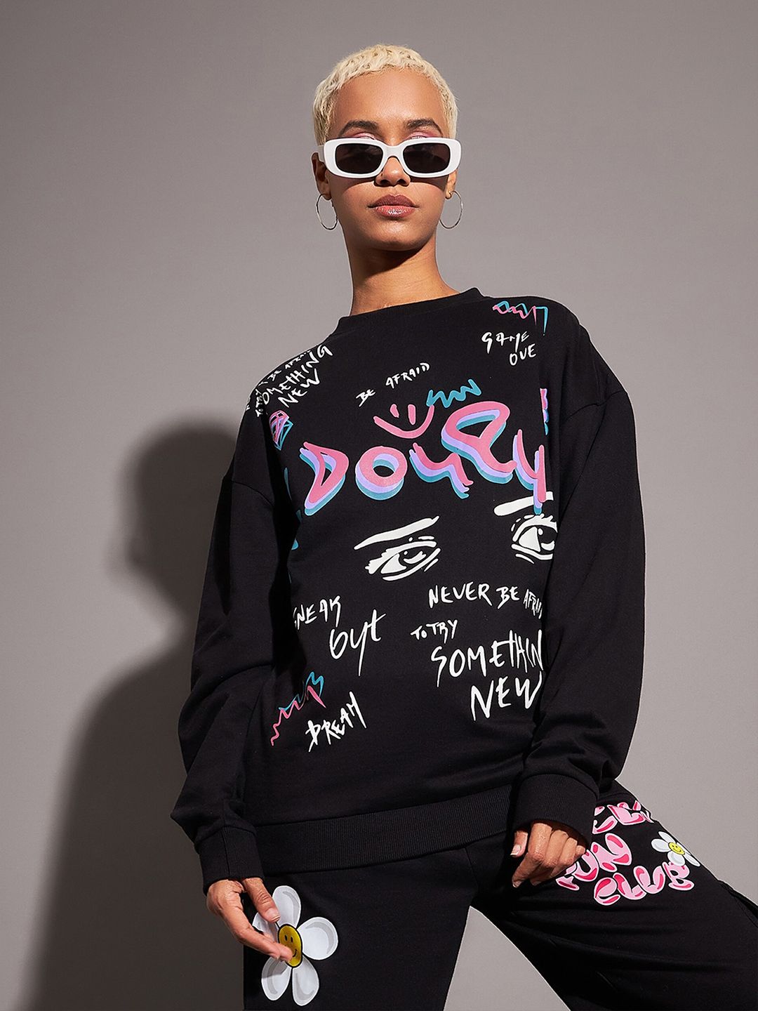 SASSAFRAS Typography Printed Long Sleeves Oversized Fleece Sweatshirt
