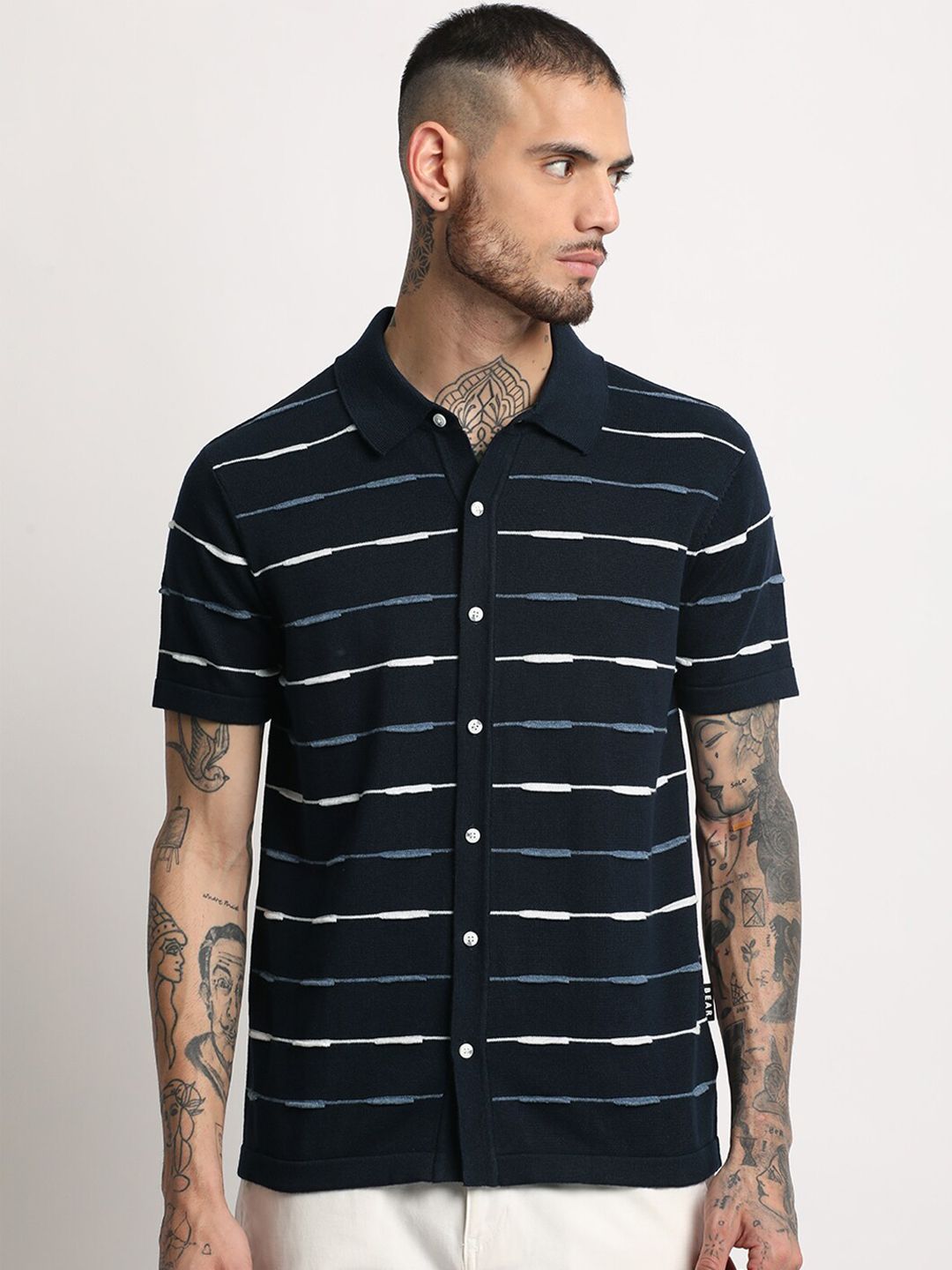 THE BEAR HOUSE Striped Polo Collar Pure Cotton Slim Fit T-shirt
