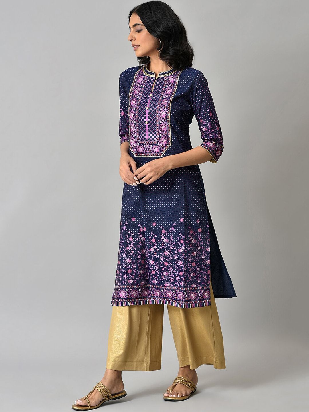 AURELIA Women Navy Blue Floral Printed Straight Fit Kurta
