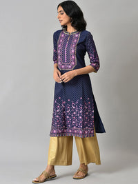 AURELIA Women Navy Blue Floral Printed Straight Fit Kurta