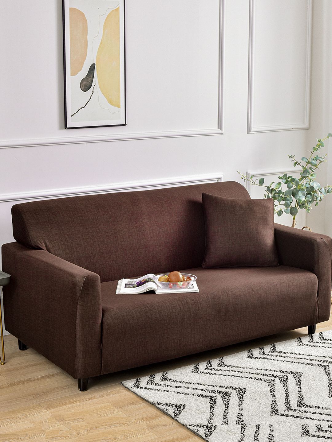 Story@home Brown Printed 3 Seater Stretchable Sofa Cover With Arms