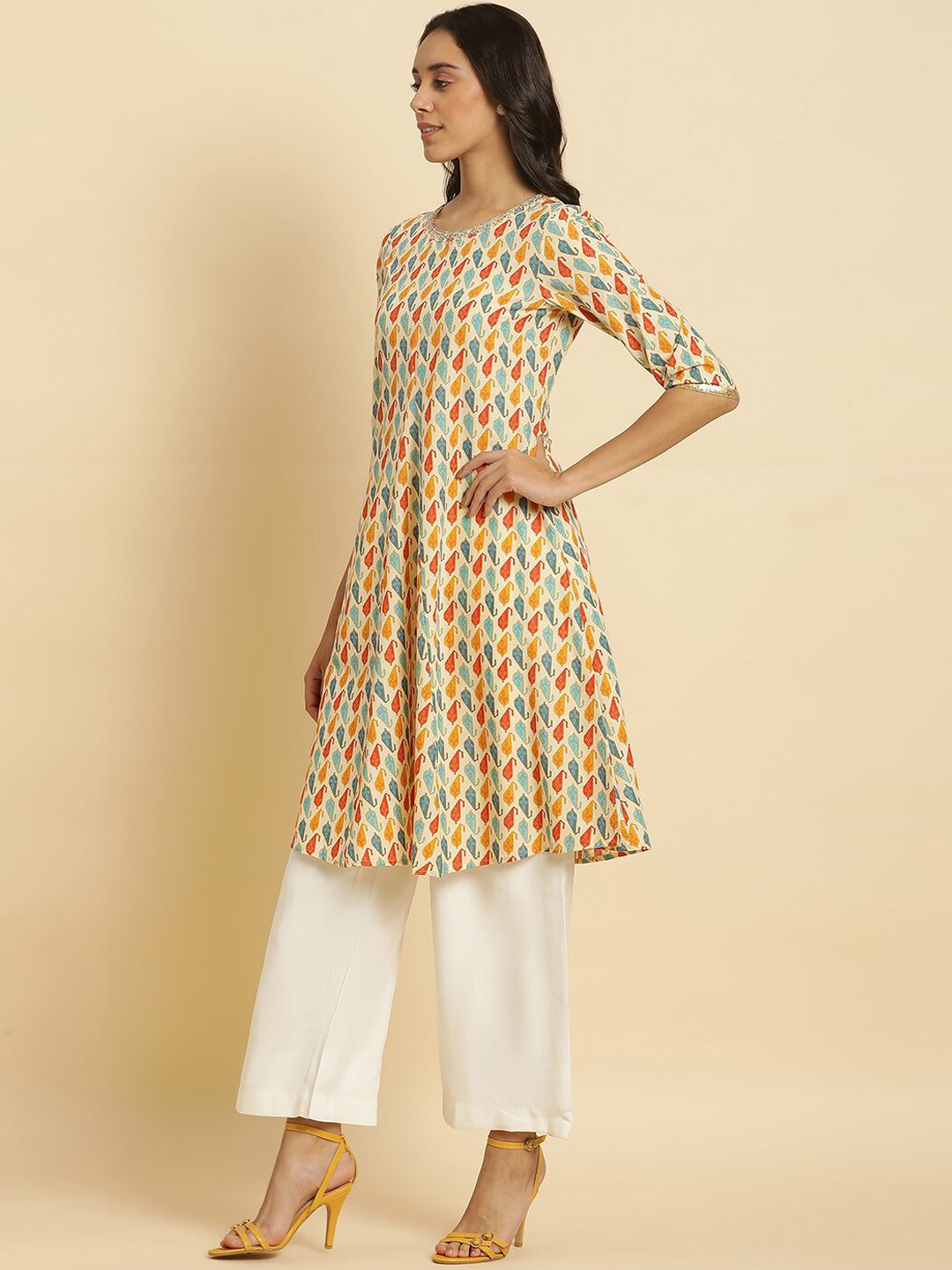 W Ethnic Motifs Printed Thread Work Pure Cotton A-Line Kurta