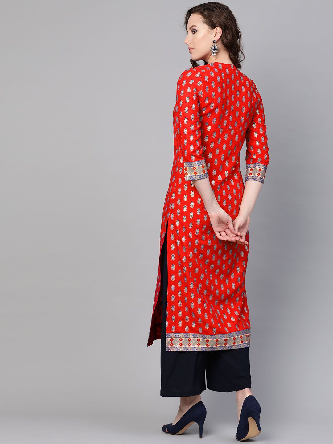 SOJANYA Wanita Merah & Biru Cetakan Kerajang Kurta Lurus