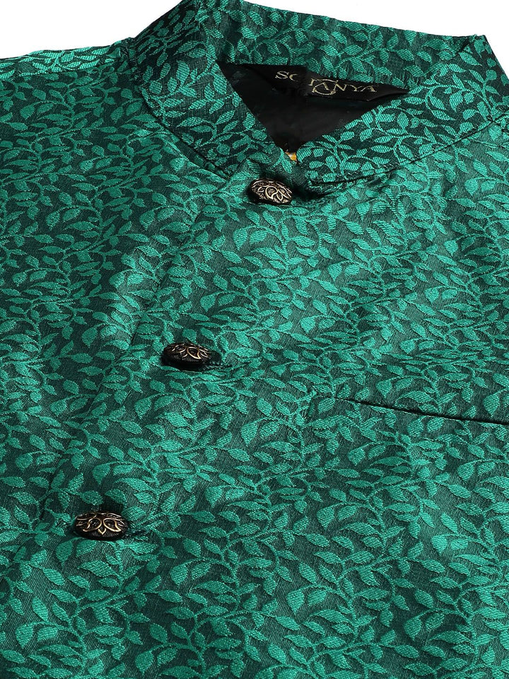 SOJANYA Set Kurta Lelaki Motif Etnik Hijau Dengan Jaket Nehru