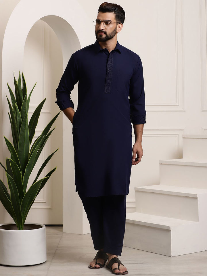 SOJANYA Shirt Collar Curved Hem Pathani Kurta with Salwar
