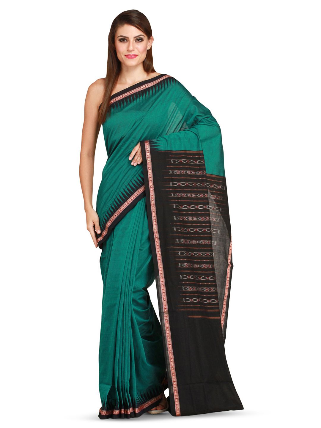 Exotic India Green & Black Temple Border Sambhalpuri Saree with Ikat Weave Pallu