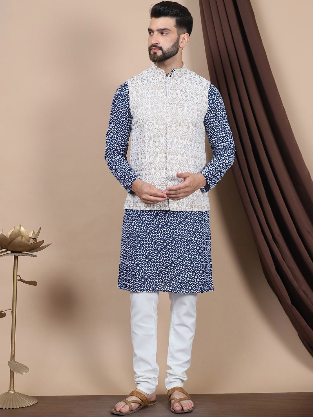 Anouk Navy Blue Ethnic Motifs Printed Pure Cotton Kurta with Churidar