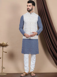 Anouk Navy Blue Ethnic Motif Printed Pure Cotton Kurta with Churidar