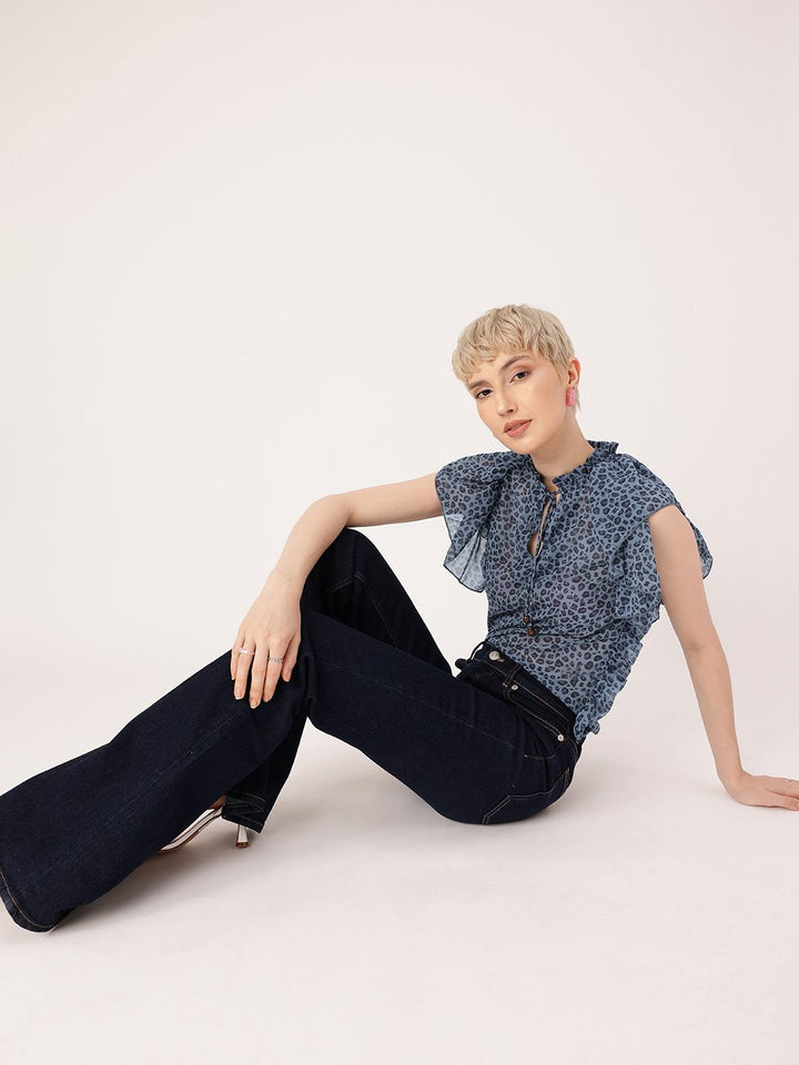 DressBerry Playful Glam Animal Skin Printed Tie-Up Neck Semi Sheer Gathers Top