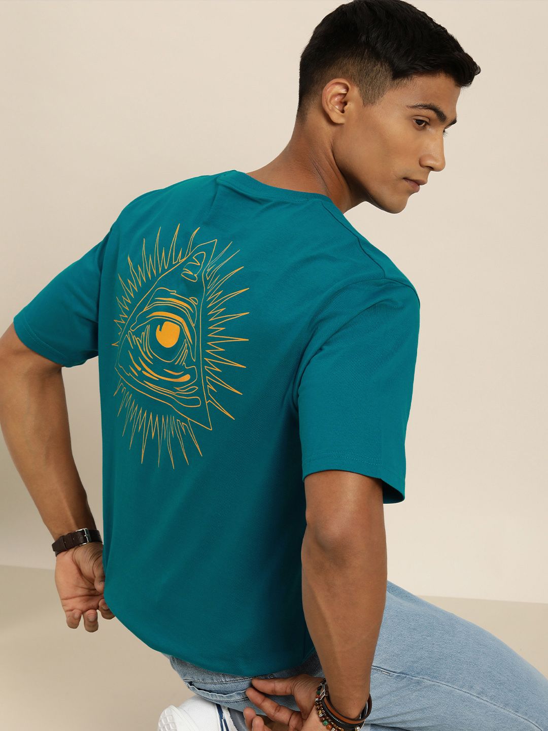 DILLINGER Men Teal Blue & Mustard Yellow Back Graphic Printed Cotton Oversized T-shirt