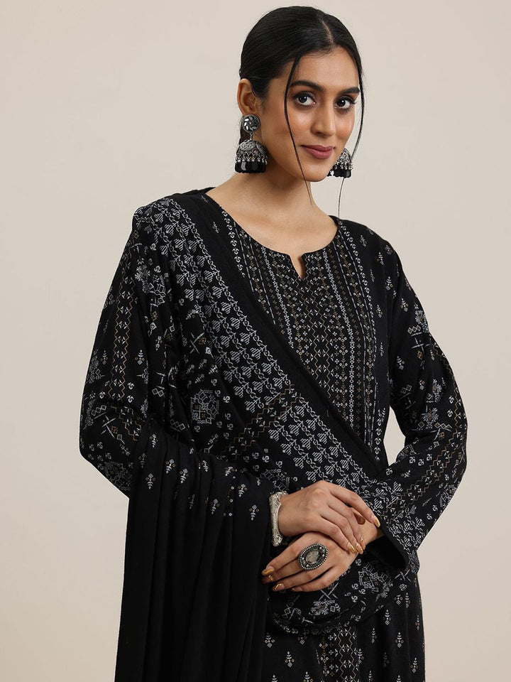 Libas Black Ethnic Motifs Woven Design Notch Neck Straight Kurta with Trousers & Dupatta