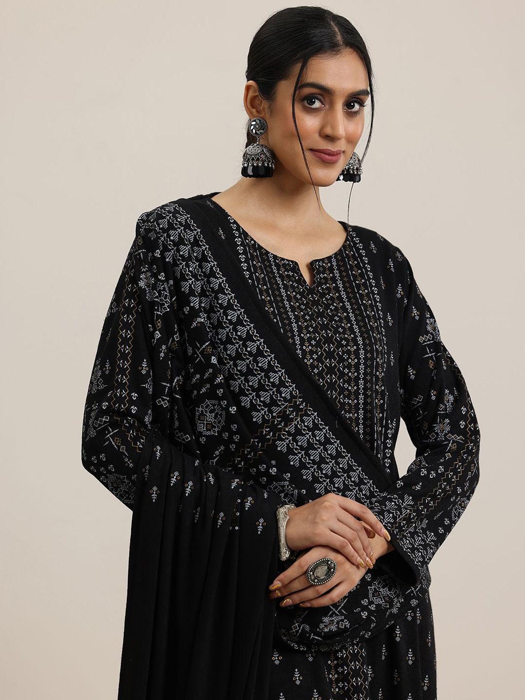 Libas Black Ethnic Motifs Woven Design Notch Neck Straight Kurta with Trousers & Dupatta