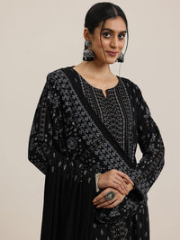 Libas Black Ethnic Motifs Woven Design Notch Neck Straight Kurta with Trousers & Dupatta